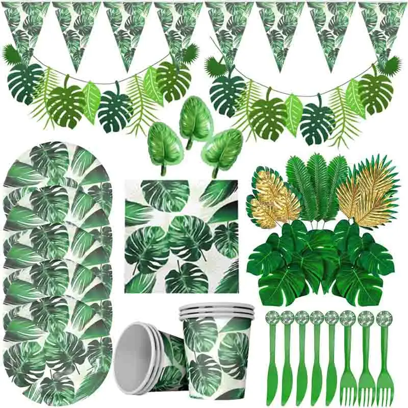 

Гавайский декор для вечеринки, флажки с пальмовыми листьями, баннер, бумажные тарелки, стандартная одноразовая посуда, набор летних тропиче...