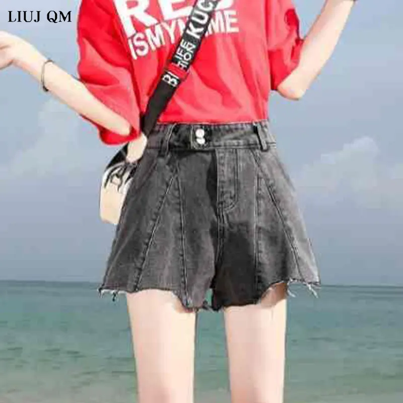 

2021 Summer Korean Fashion High-waist Light-colored Denim Shorts Women's Plus Size Loose Curled Wide-leg Hot Denim Shorts Women