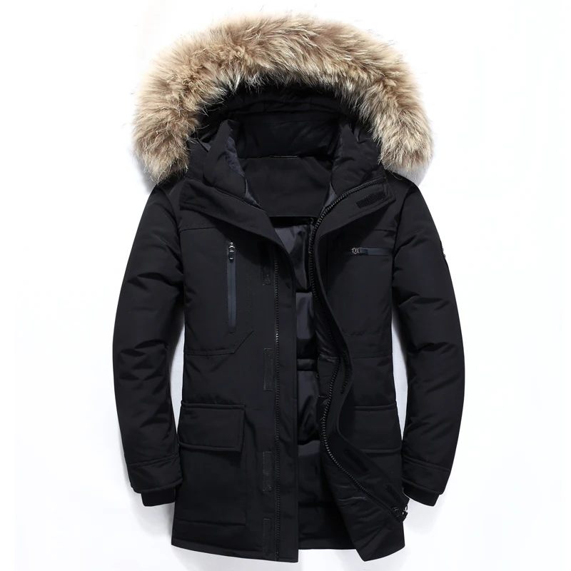 Новинка 2021 Длинная зимняя куртка на утином пуху с меховым капюшоном Мужская