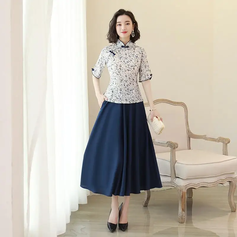 Винтажное женское платье большого размера 3XL из хлопка и льна Qipao, длинное летнее Новое китайское платье Cheongsam, Повседневное платье в китайском стиле Vestidos - Цвет: Синий