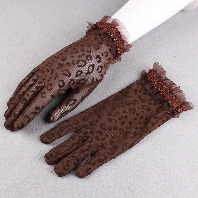 

1 Pair Sexy Women Gloves Full Finger Short Leopard Lace Mesh Gloves Driving Mitten Sun Anti-UV Gloves Gray Party Female Gloves