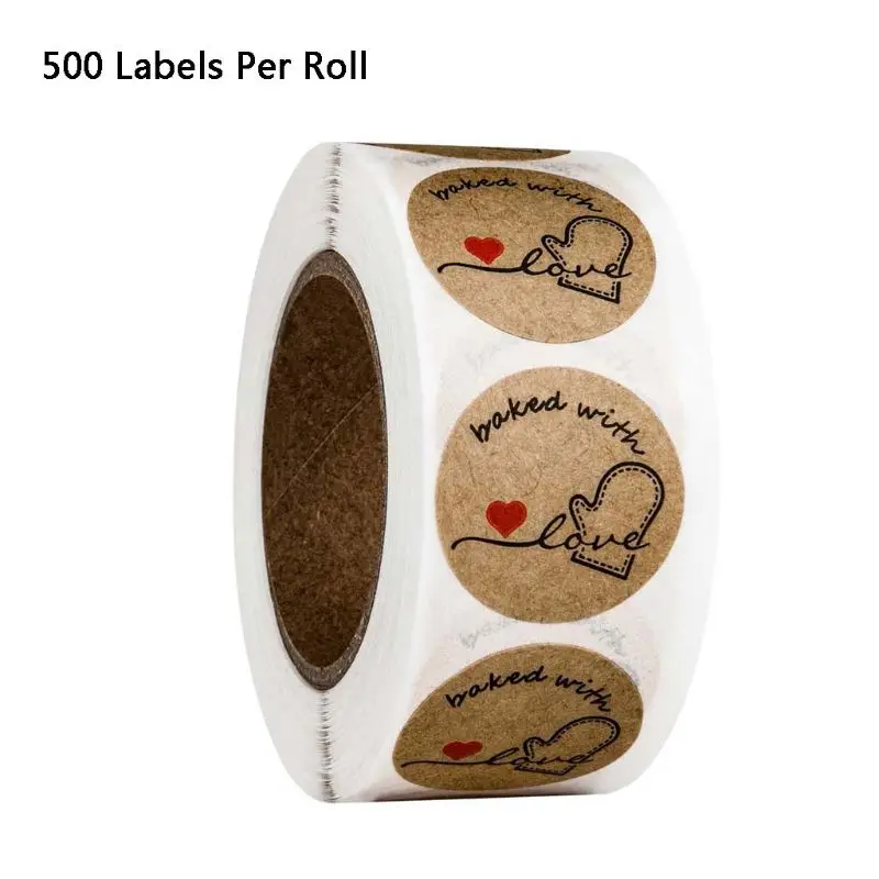 

500pcs/roll Round Kraft Baked with Love Stickers Seal Labels Handmade Scrapbook R7RC
