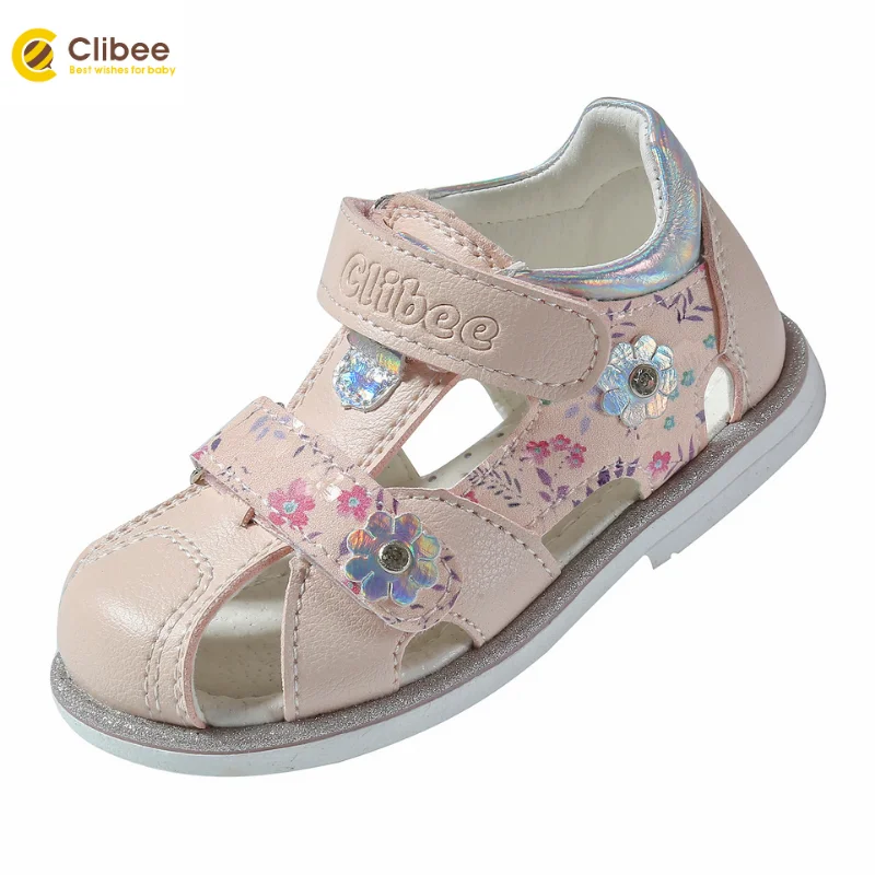 

CLIBEE Girls Floral Summer Sandals Children's Closed-Toed Leather Sandals with Arch Support Kids Orthopedic Summer Beach Shoes