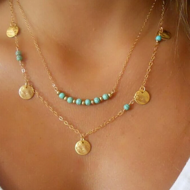 Двухслойное ожерелье с монетами богемные синие Бусины Круглый чокер блестками