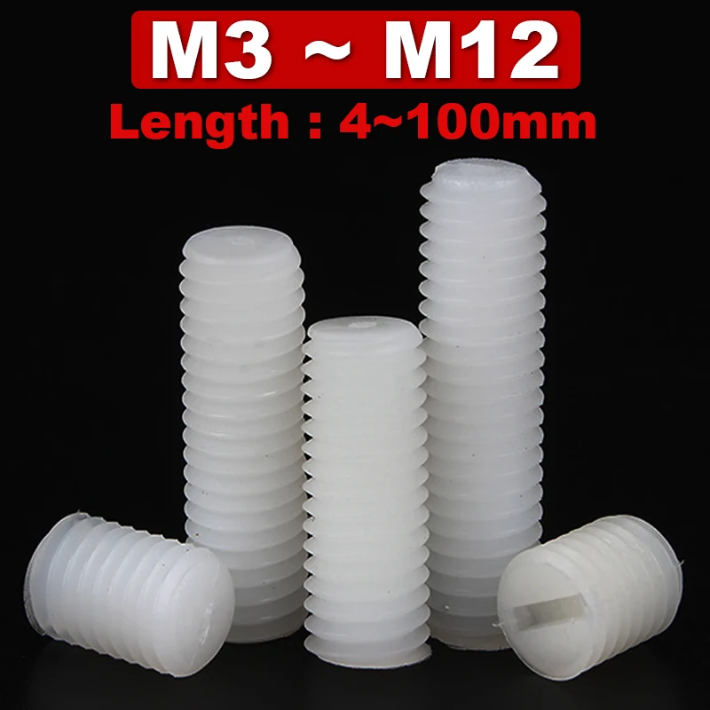 

White Nylon Machine Meter Screw Plastic Tightening Headless Screw Slotted Kimi M3 M4 M5 M6 M8 M10 M12 Insulated Bolt Metric