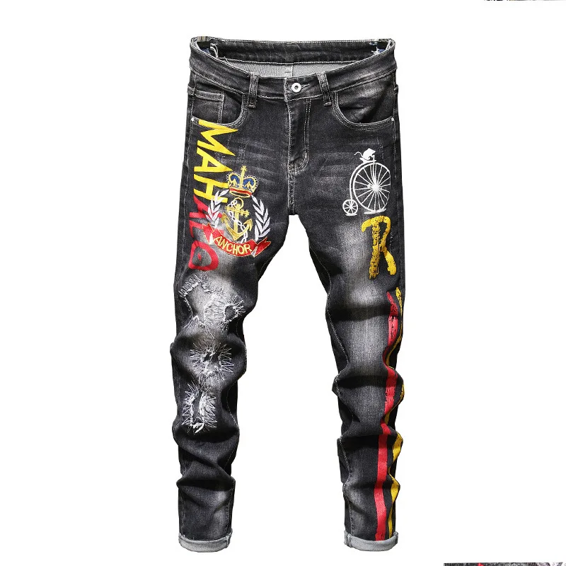 

New Men's Printed Black Elastic Jeans In Autumn And Winter