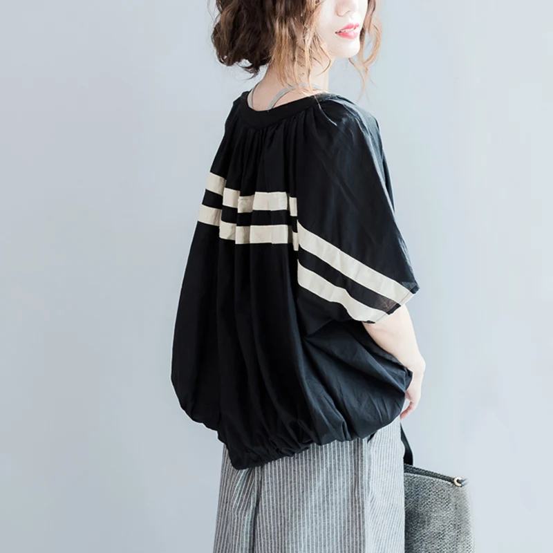 Женский полосатый пуловер с коротким рукавом и круглым вырезом в Корейском