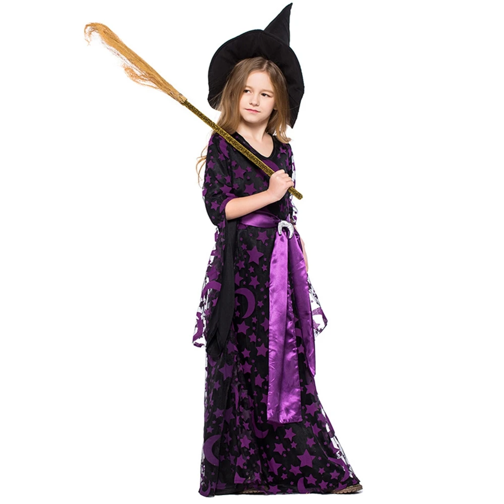 Одежда для родителей и детей на Хэллоуин фиолетовая звезда луна волшебная ведьма
