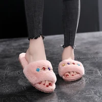 2020 new women home 4 color crystal slippers winter warm shoes woman slip on flats slides female faux fur slippers house shoes