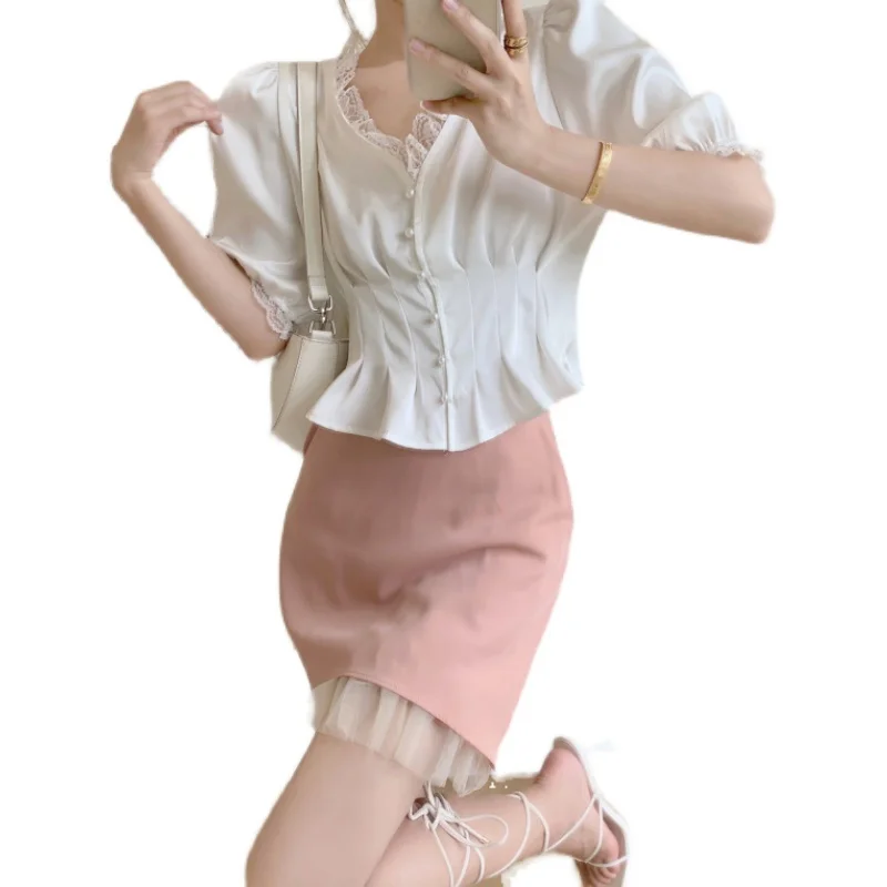 

COIGARSAM Lace Women Skirt Summer Thin High Waist White Blouse Pink Skirts 3500