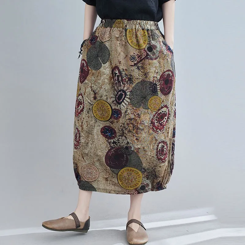 

Women Cotton Linen Casual Skirts New 2021 Spring Arts Style Vintage Print Loose Comfortable Female High Waist Long Skirt S3341