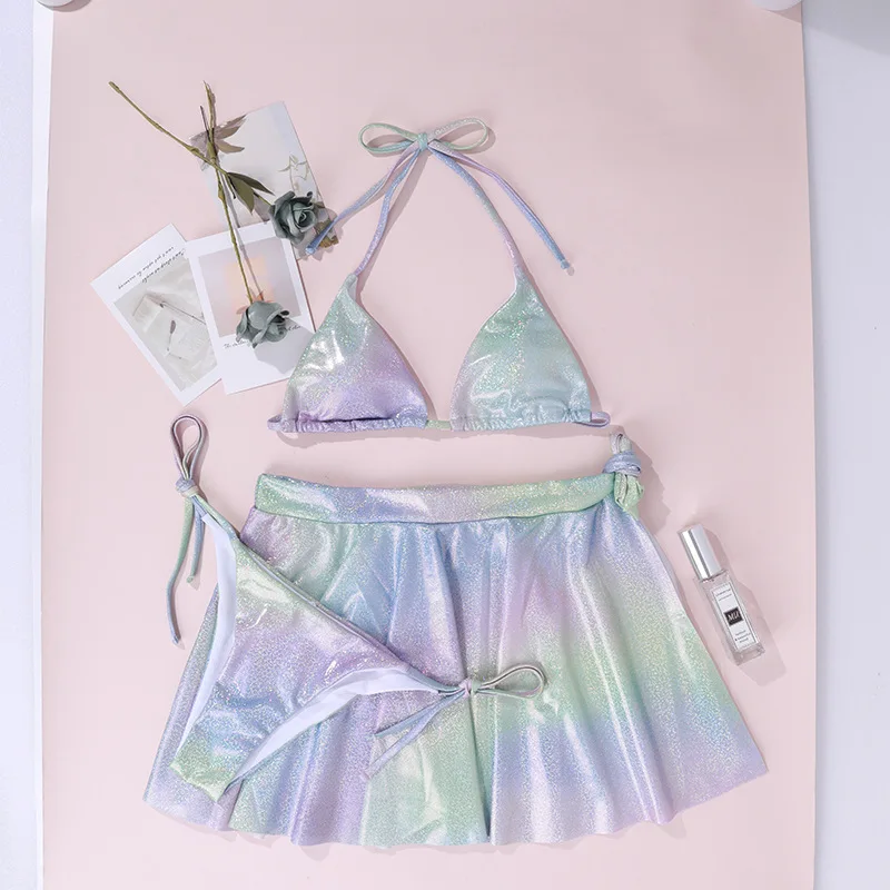

Female Swimsuit 2021 Sexy String Thong Bikini Set With Mini Skirt 3 Piece Gradient Micro Swimwear Women's Bathing Suits