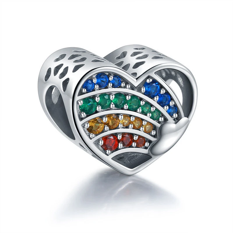 

100% 925 Sterling Silver Hollow Colorful Zircon Rainbow Bead Love Heart Charms Fit European Bracelet for Women Jewelry Gift