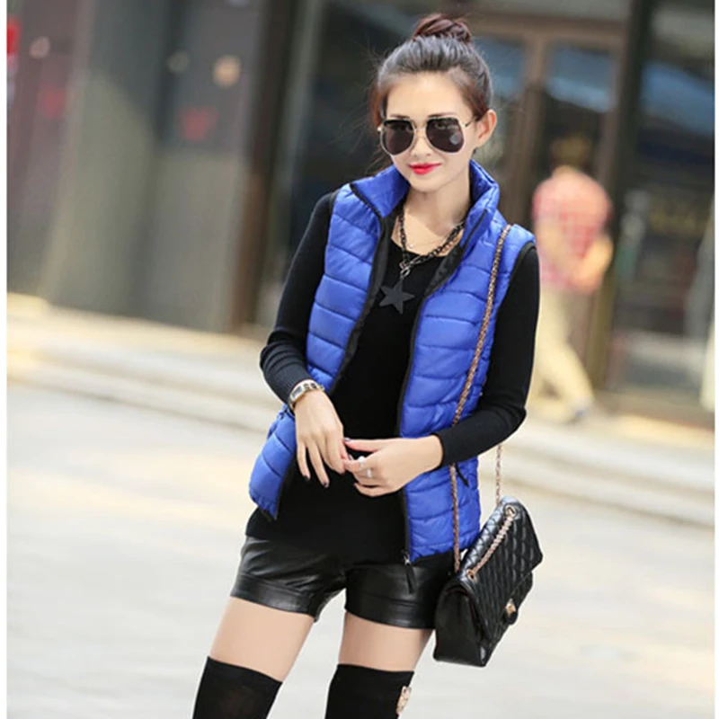 Женский жилет осенне зимняя куртка короткая однотонная с воротником стойкой из