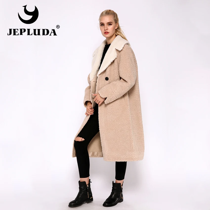 

JEPLUDA Elegant Casual Real Fur Jacket Women Teddy Style Wool Blends Long Real Fur Coat Women Winter Soft Warm Women's Clothing