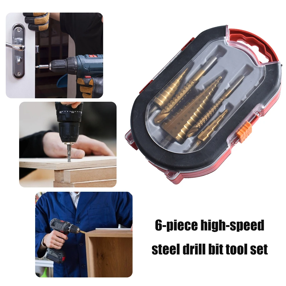 

6pcs HSS Titanium Saw Drill Bits+Triangle Shank Straight Groove Step Drill Bit Set Drilling Power Tools with Storage Box