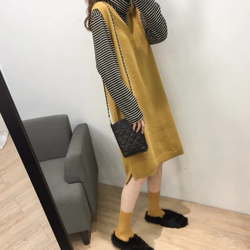 

Chic Casual Sweater Vest Dress Women Korean Autumn Winter Sleeveless Knitted Dress Plus Size Dress Female Vestidos