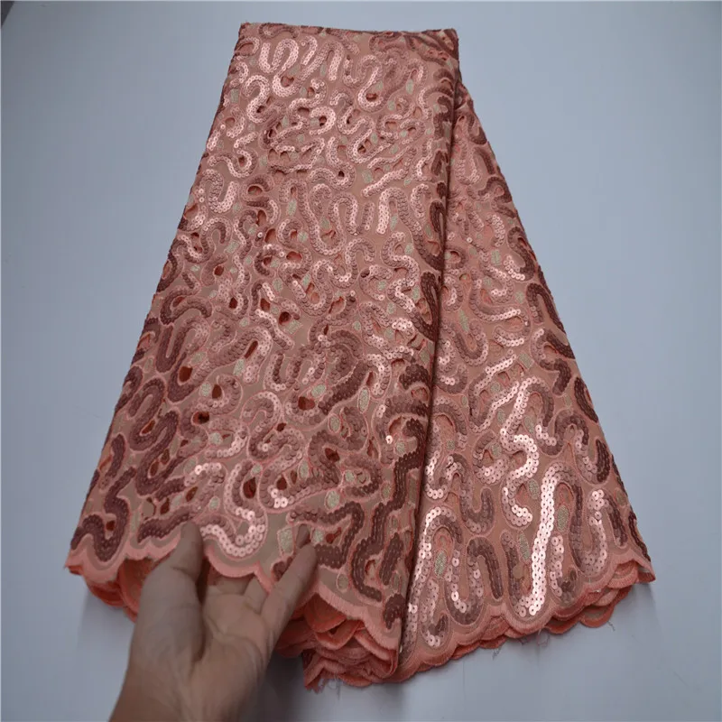 Vestido de novia nigeriano de lujo, tela de encaje africano con lentejuelas cortadas a mano de 5 yardas, bordado de secuencia de calidad suiza, OP878-3