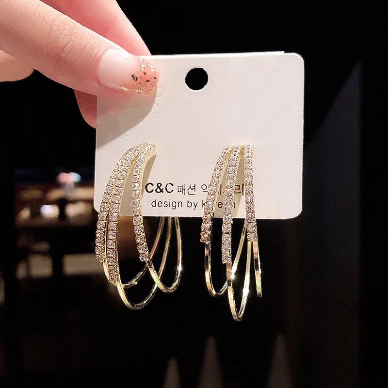 

S925 Silvers Exaggerated Full Diamonds Geometric Circle Hoop Earrings for Women Fashion C-shaped Jewelry Exquisite