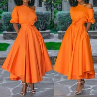 women dress bare shoulder waist belt long a line pleated orange casual fashion female ladies elegant new autumn summer robes
