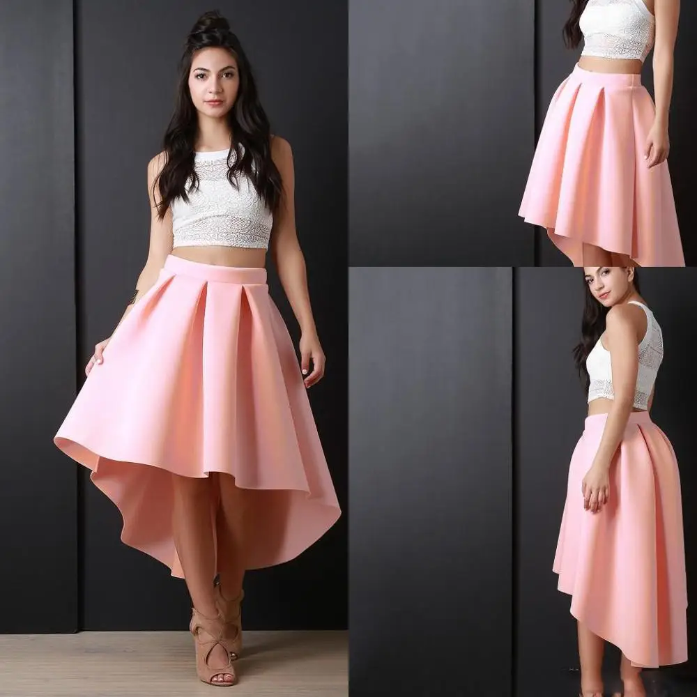 

Newest Pink High Low Women Skirts Satin Pleated A Line Prom Party Skirt Adult Midi Skirt Faldas Saia Custom Made Any SIZE COLORS