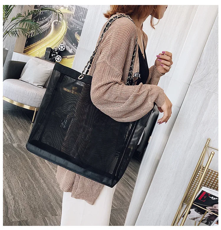 

Bag women's 2021 new shoulder slung mesh simple folding reusable shopping bags beach bag