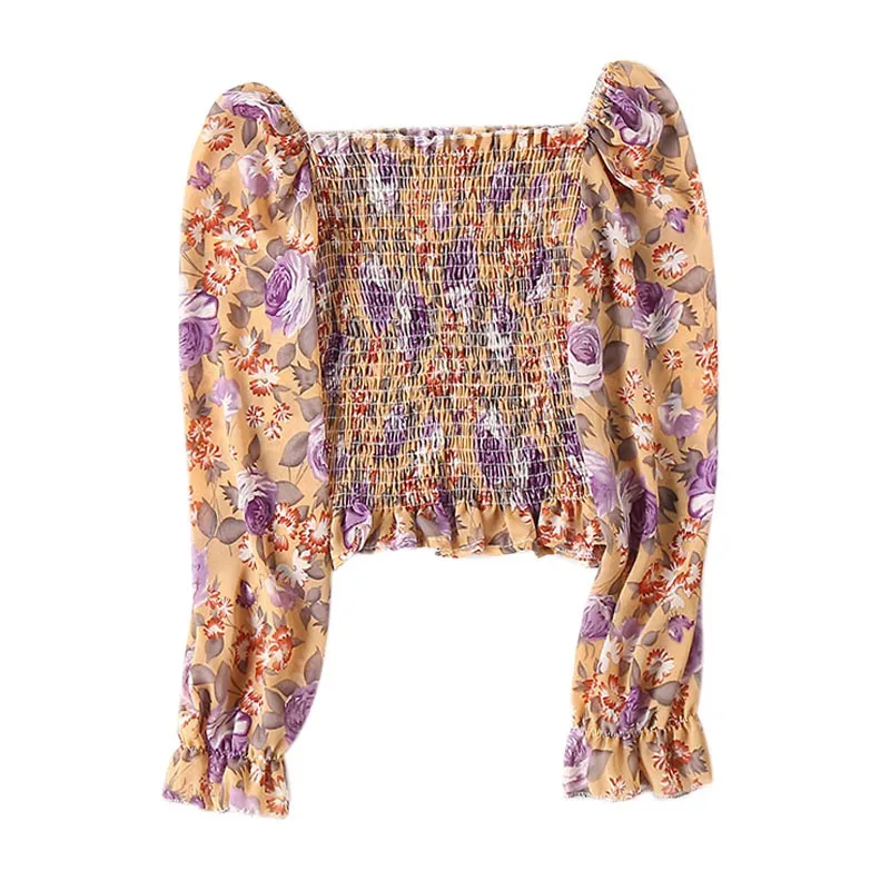 

Square Collar Floral Chiffon Blouse Women's Wood Flare Sleeve Shirt Folded Waist Waist Slim Short Short Sleeve Top