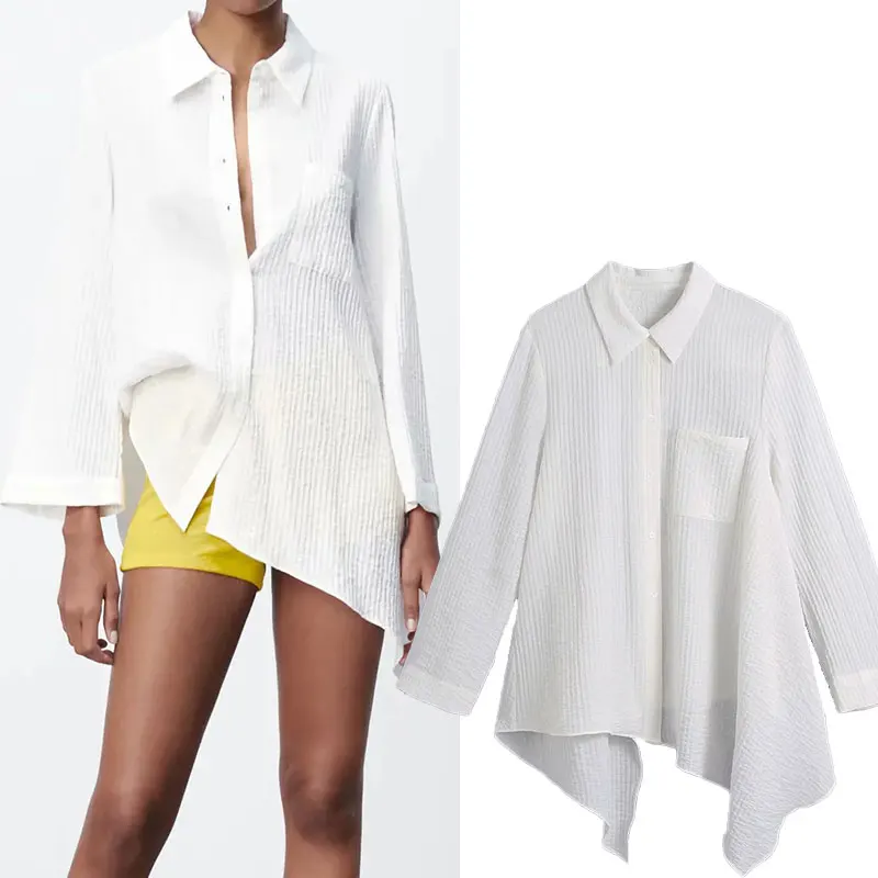 

Рубашка женская однобортная с длинным рукавом, Повседневная Свободная текстурная блузка неправильной формы, белый топ в уличном стиле, лет...