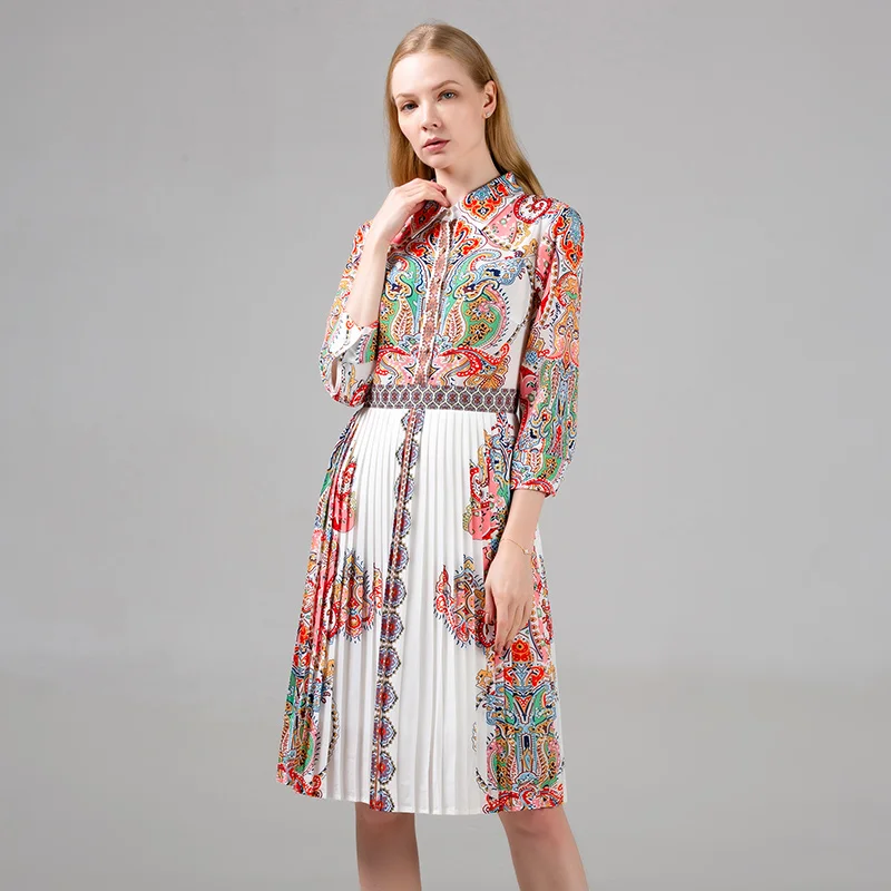 

Orange Pleated Print Midi Dress 2020 Luxury Women Fashion Girl Boho Slim Long-sleeve Autumn Elegant Party Dresses Vestido DROWYD