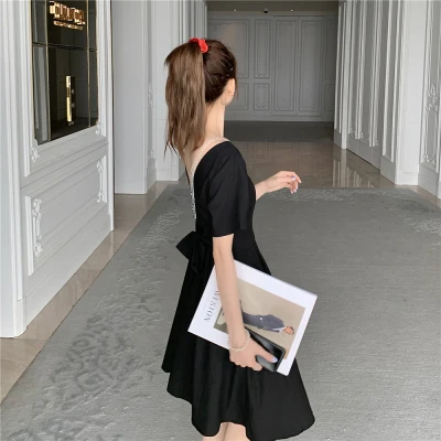 

2020 Summer Korean Square Neck Black Backless Dress Women Sashes Bow Sexy Dresses For Teens Knee-length Casual Plus Size Clothes
