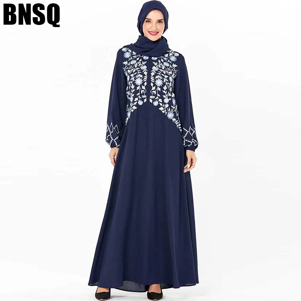 

BNSQ Dress Fashion Women O-Neck Floral Embroidery Long Sleeve Breastfeeding Chest Zipper Women Arab Muslim Abaya Turkey Dress