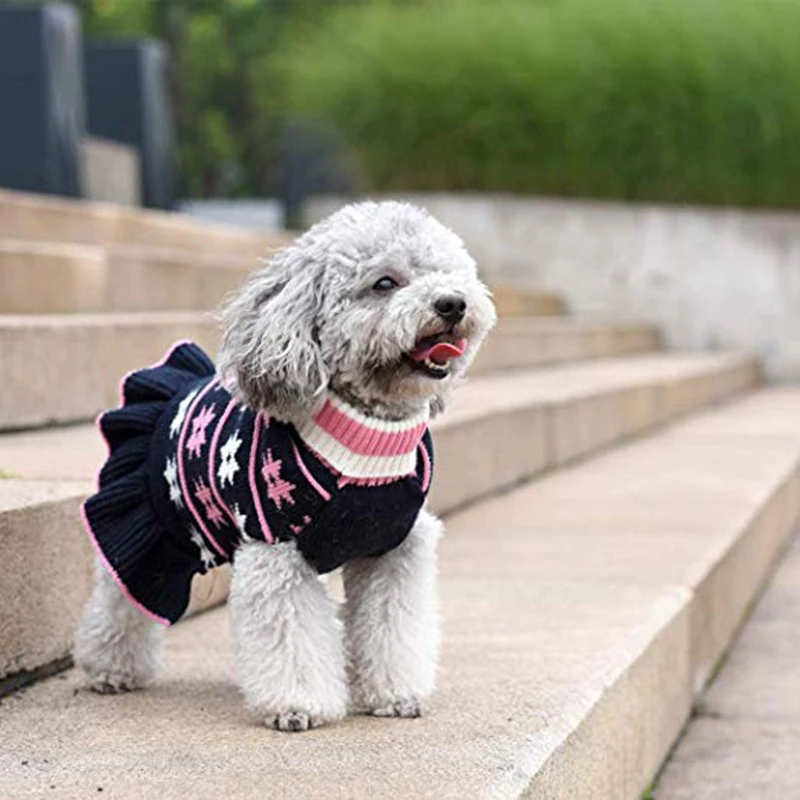 Turtleneck Knit Dog Sweater Grey Dress Navy Blue Clothes For Dogs Cats Pink Skirt Cute Dresses Small | Дом и сад