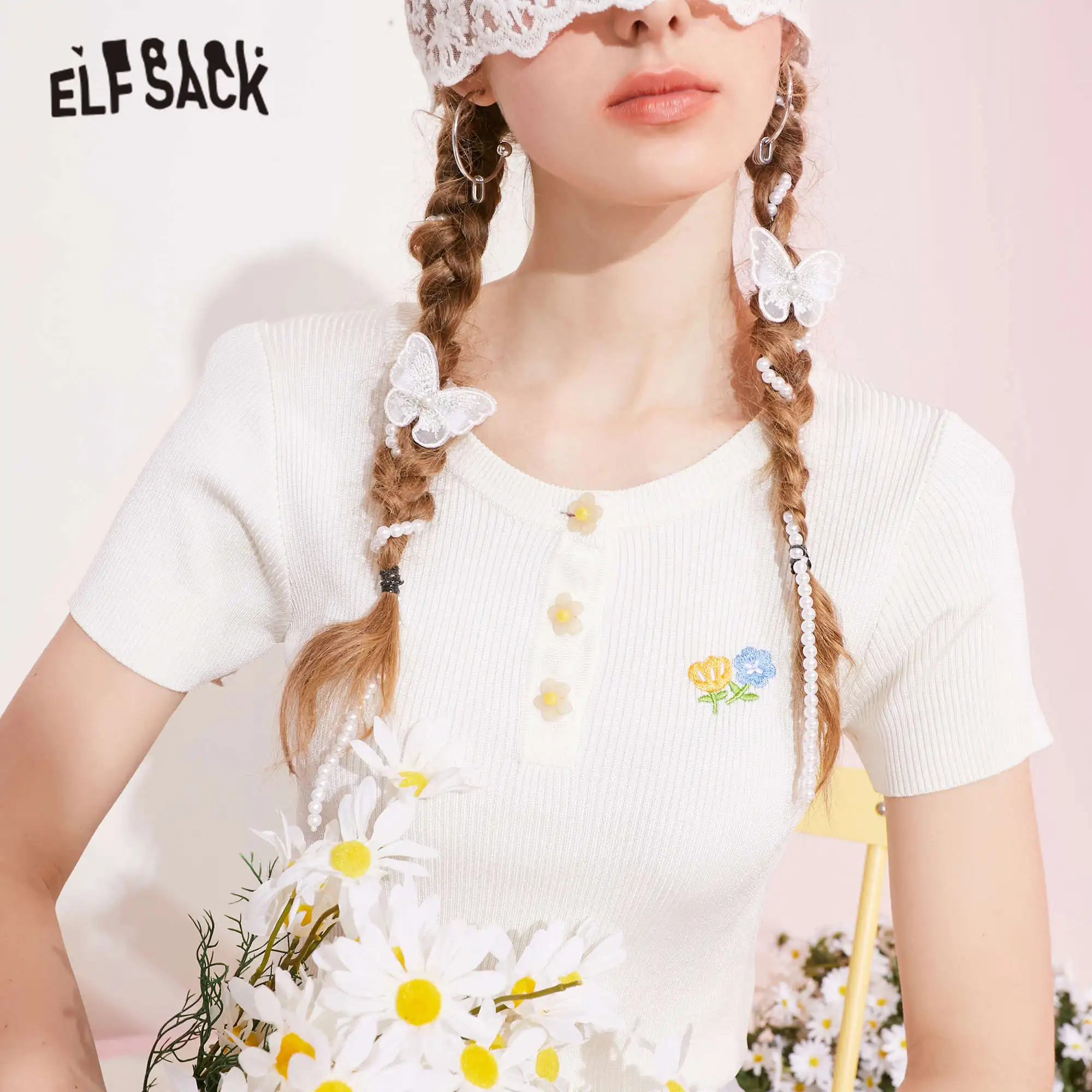 ELFSACK Floral Embroidery Women Casual Knit Pullover Sweaters,2021 Summer Vintage Chic Button,Casual Girly Daily Sweet Knit Top