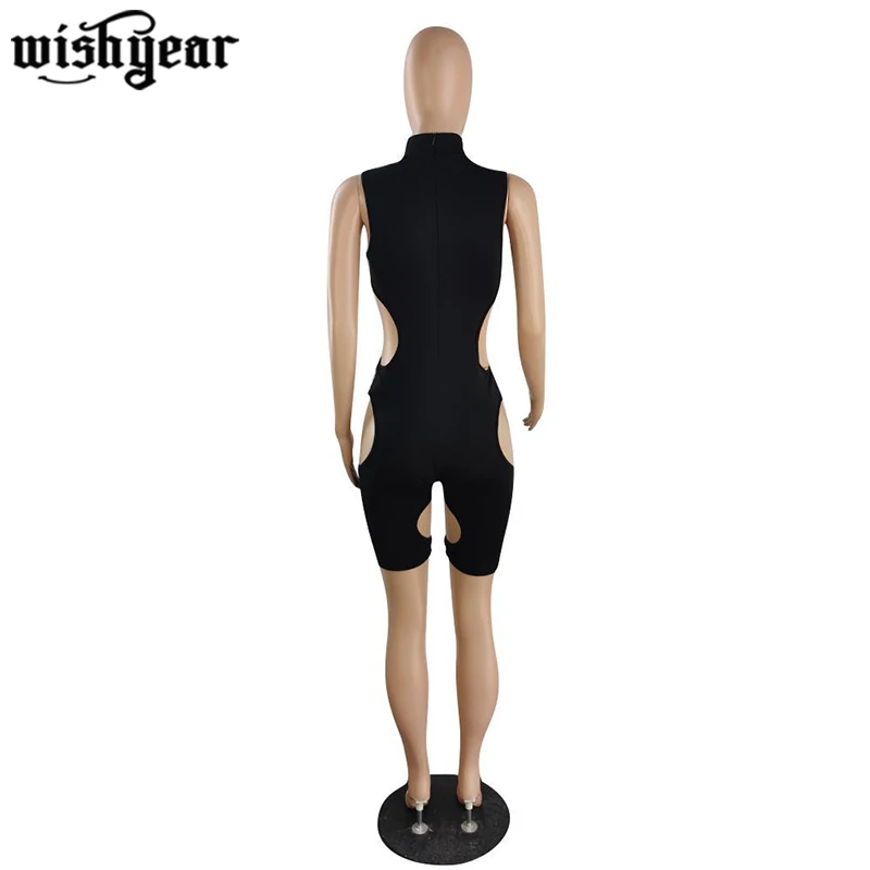 

Sexy Cut Out Jumpsuit Solid Black for Women Sleeveless Turtleneck Playsuit for Women Sexy Club Party Short Rompers