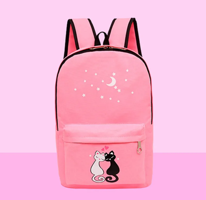2021 New Cute Cat Cartoon Backpack Kids Bag Canvas Schoolbag 4 Set School Bags Child School Backpacks For Teenager Girls