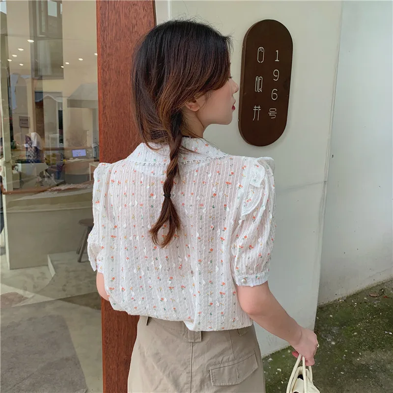 

Korejepo Blouse Women Blue Chiffon Sweet 2021 Summer Female Design Short-sleeved Summer 2021 New French Style Chic Top Shirt