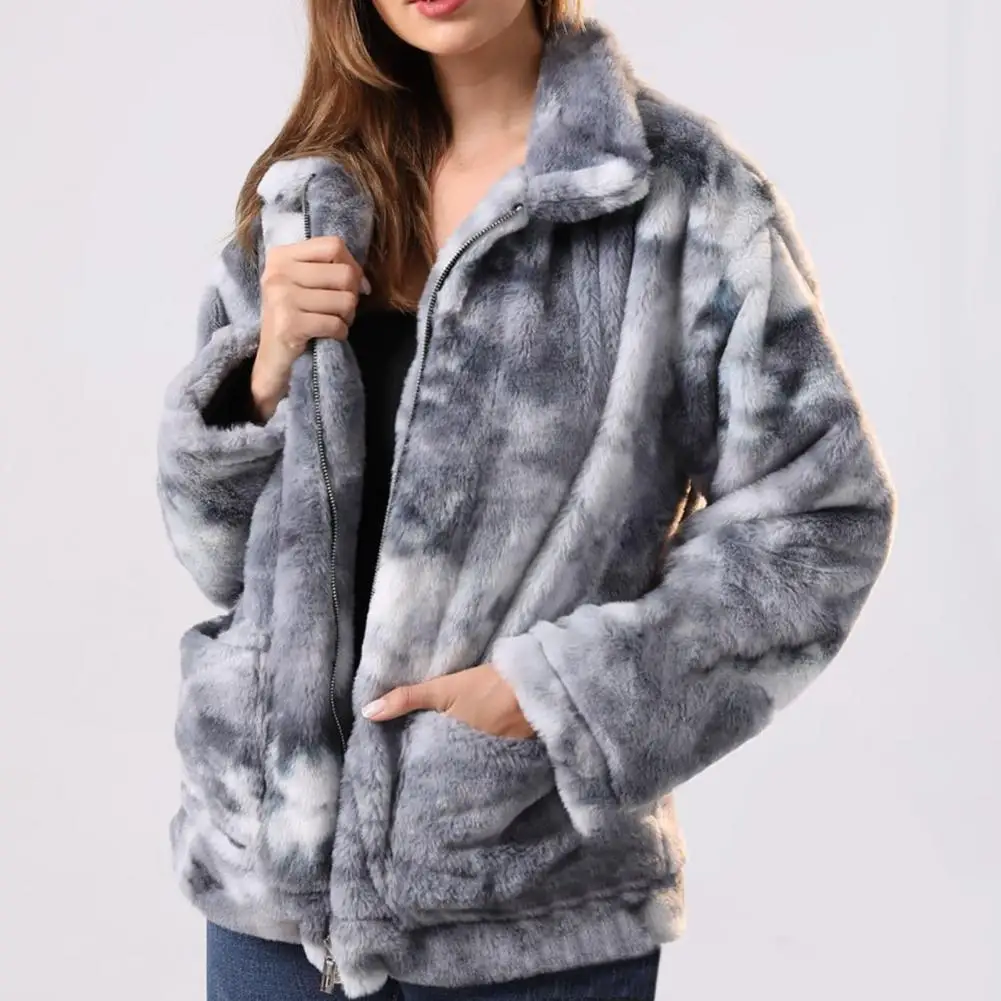 

Плюшевая куртка Tie-dye, Женское зимнее пальто, теплое плюшевое пальто с отложным воротником, женская зимняя куртка