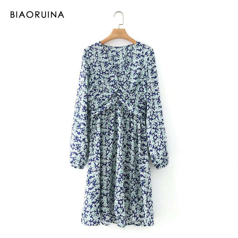 

BIAORUINA Women's Floral Pleated V-neck High Waist Elegant A-line Dress Long Sleeve Female Prairie Chic Dress Vestidos