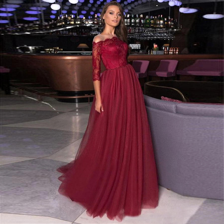 

Burgundy Sheer Neckline Tulle Long Sleeves Evening Dresses Lace Applique Beaded Stones Sweep Train Formal Party Prom Dress