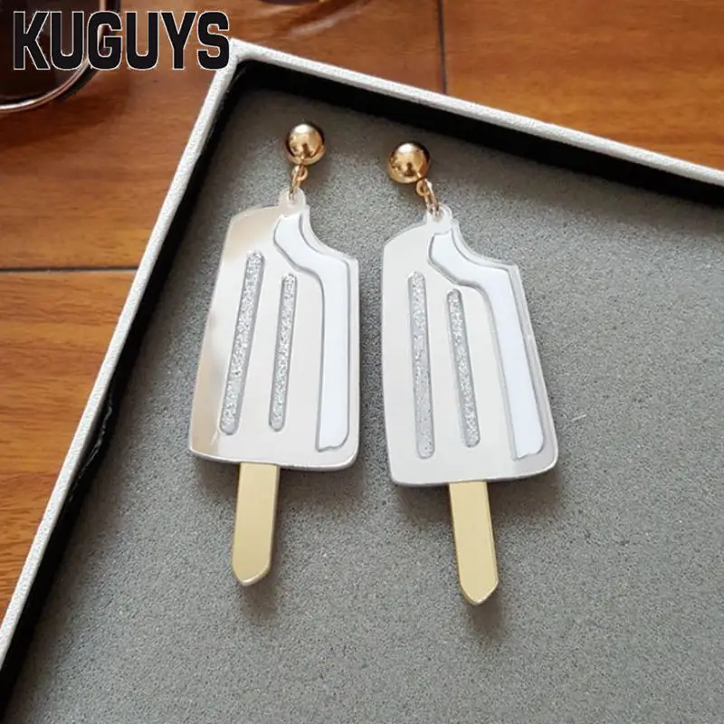 EARRING KUGUYS милые летние сережки-палочки для мороженого для женщин, блестящие акриловые длинные серьги-капли, модные ювелирные изделия, трендовые аксессуары - Окраска металла: EARRING
