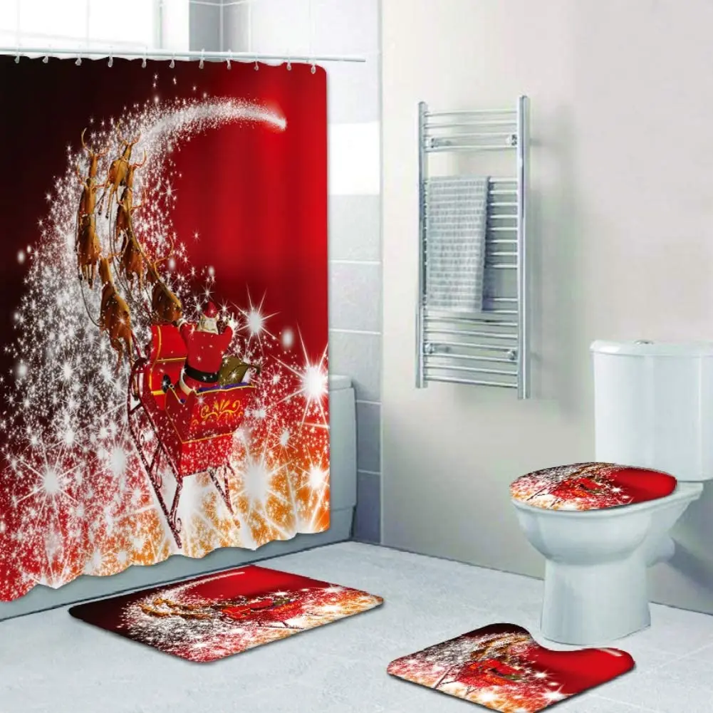 

Christmas Bathroom Decorations Set Toilet Seat Cover Rug Shower Curtain Sets Xmas Santa Claus Elk Snowman Bathroom Decor