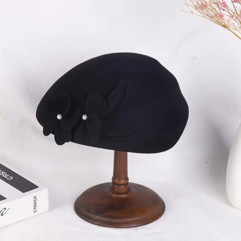 Леди Модная Шляпа Стюардессы Шик Художника Вечеринки Новая Федора Шапка Дамы 100% Австралийская Шерсть Фетра Цветочно-Жемчужный Берет ZZ-442 on.