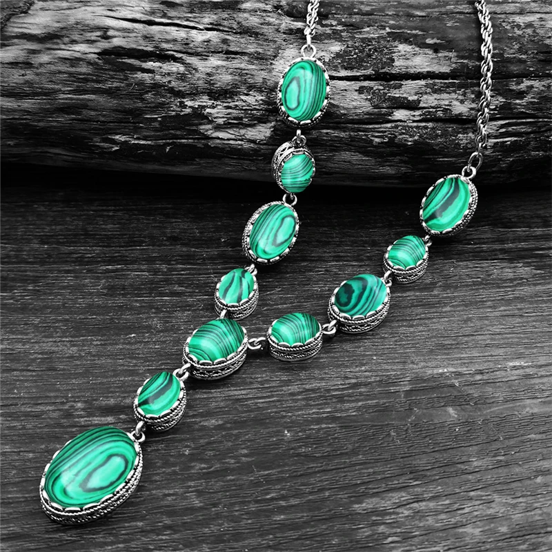 Oval Round Synthetic Malachite Necklace For Women Double Layer Flower Pendant Vintage Antique Silver Plated Fashion Jewelry | Украшения и