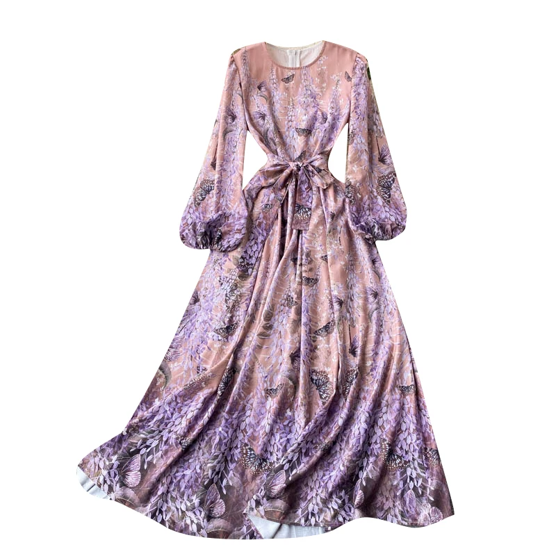 

and American fashion show 2021 new round neck Lantern Sleeve printing waist down show thin big swing holiday dress