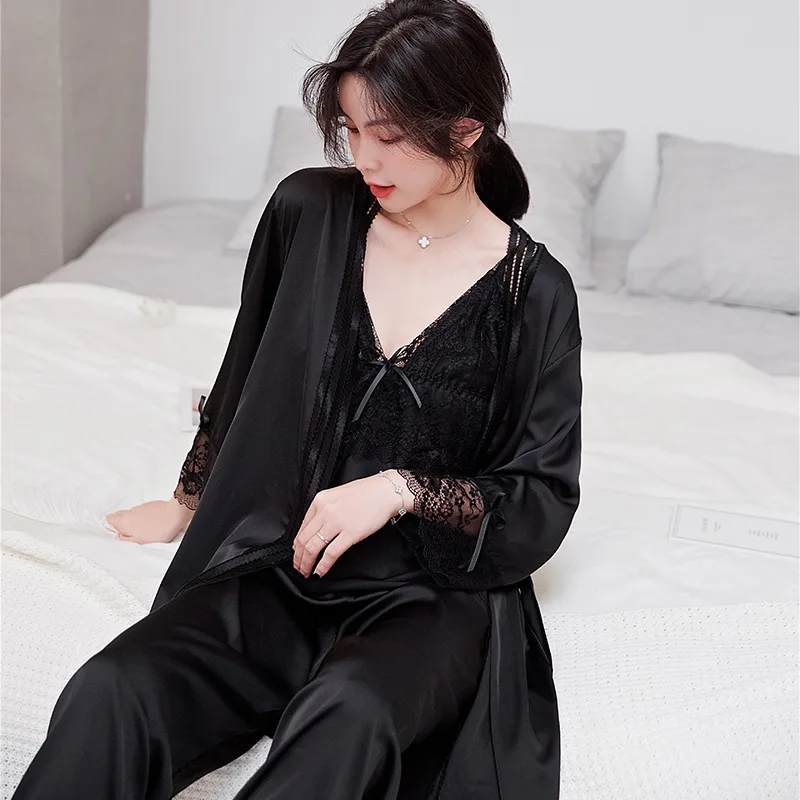 

Sexy Lace Patchwork Kimono Bathrobe Gown Women Sleep Set Pajamas Satin 3PCS Nightwear Pyjamas Spathetti Strap Top&Pants Suit