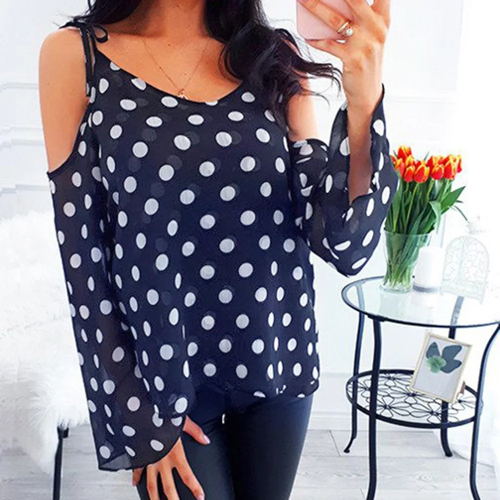 

Women Off-the-Shoulder Polka Dot T-shirt Tops V-neck Long Sleeve Casual Loose Summer Beach Tops -OPK