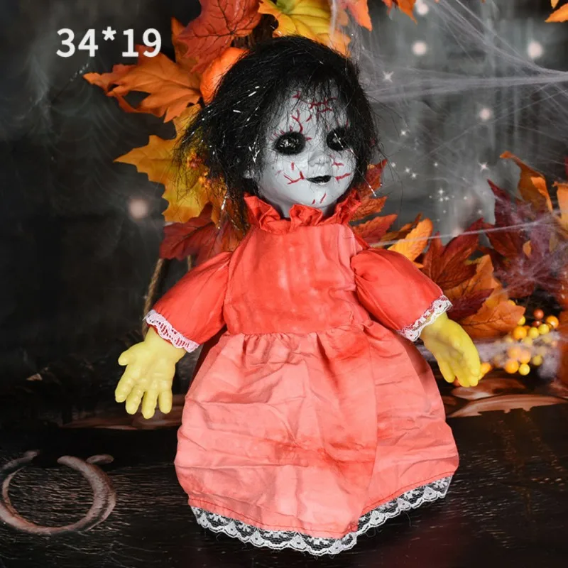

Кукольный реквизит на Хэллоуин, 34 см, электрическая ходячая кукла, игрушки с блестящими глазами для ужаса, украшения для Хэллоуина, вечерние...