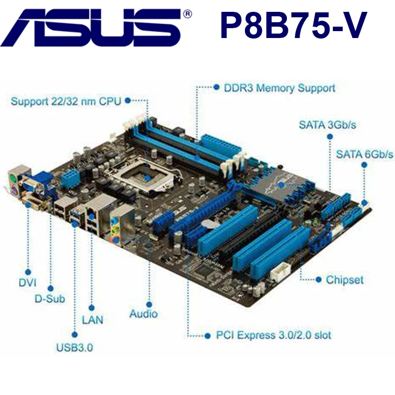 Asus LGA 1155 P8B75-V оригинальная настольная Материнская плата Intel B75 Socket i3 i5 i7 DDR3 32G SATA3 USB3.0 AT, протестированная материнская плата