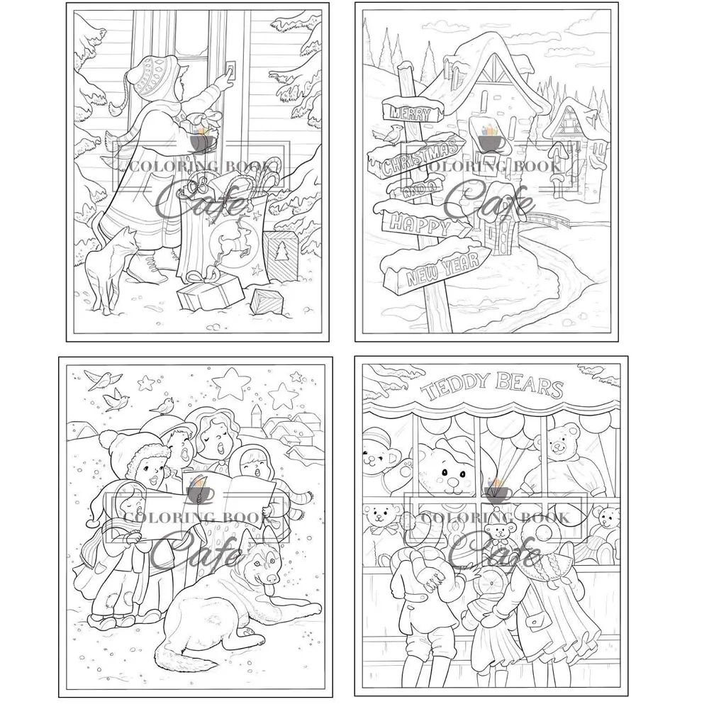 Маленький Рождественский городок раскраска: Рождественская Раскраска с милыми и