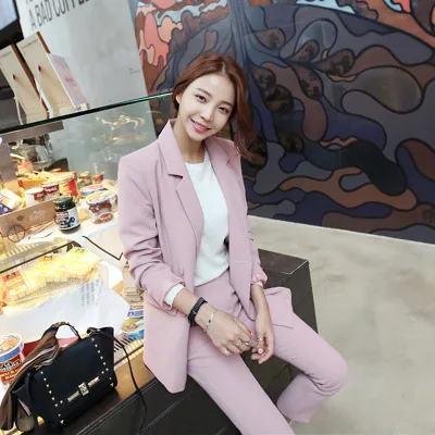 Женский брючный костюм розовый однотонный двубортный Блейзер и штаны с высокой